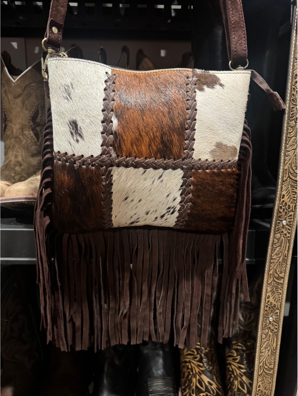 NEW Cowhide Patchwork Fringe Crossbody Bag